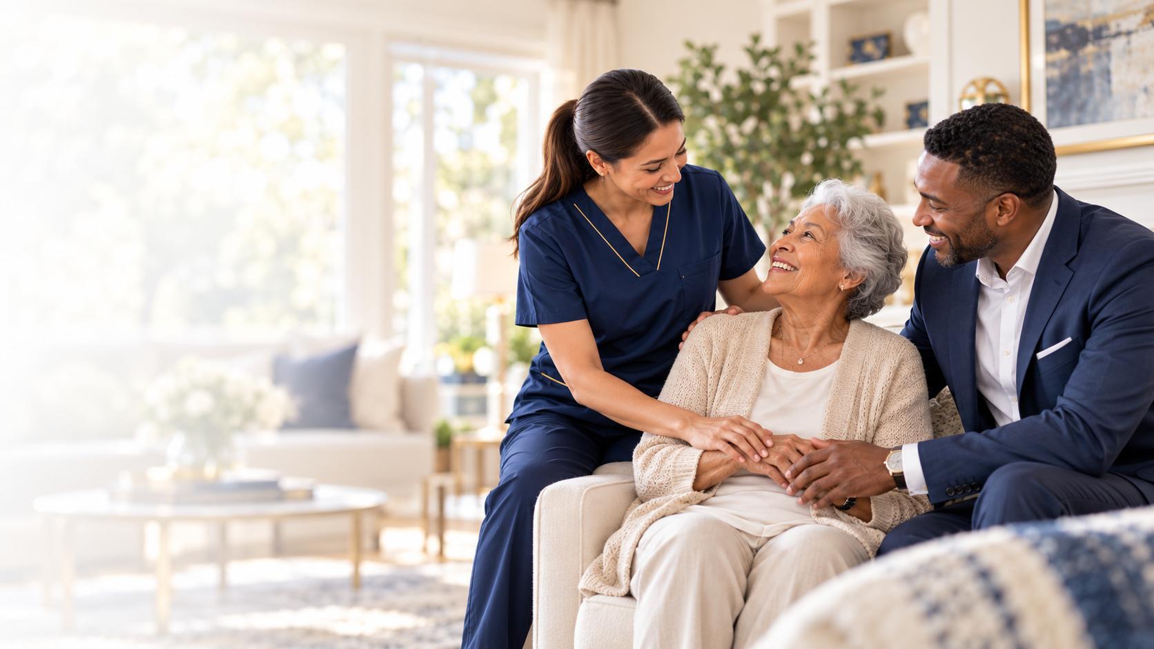 Caregiver, patient, and family member sharing a warm moment at home